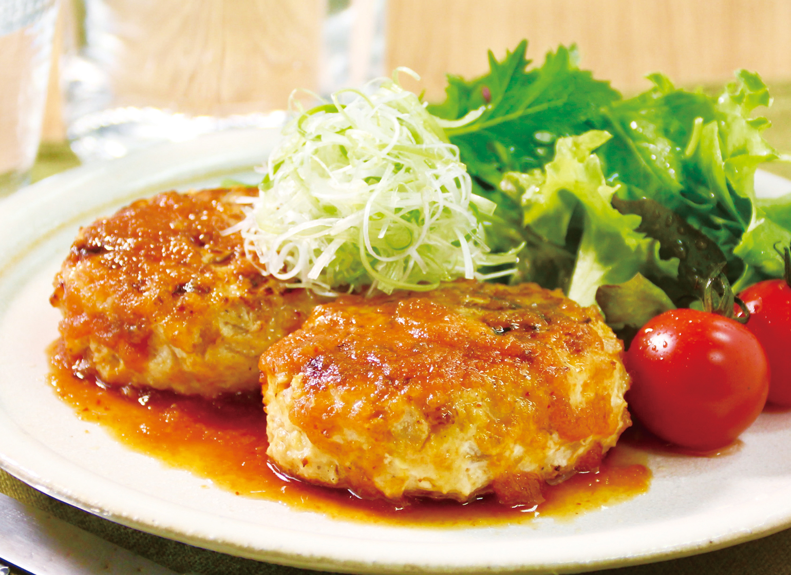 Japanese-style chicken and tofu patties topped with Momiji Oroshi Ponzu sauce