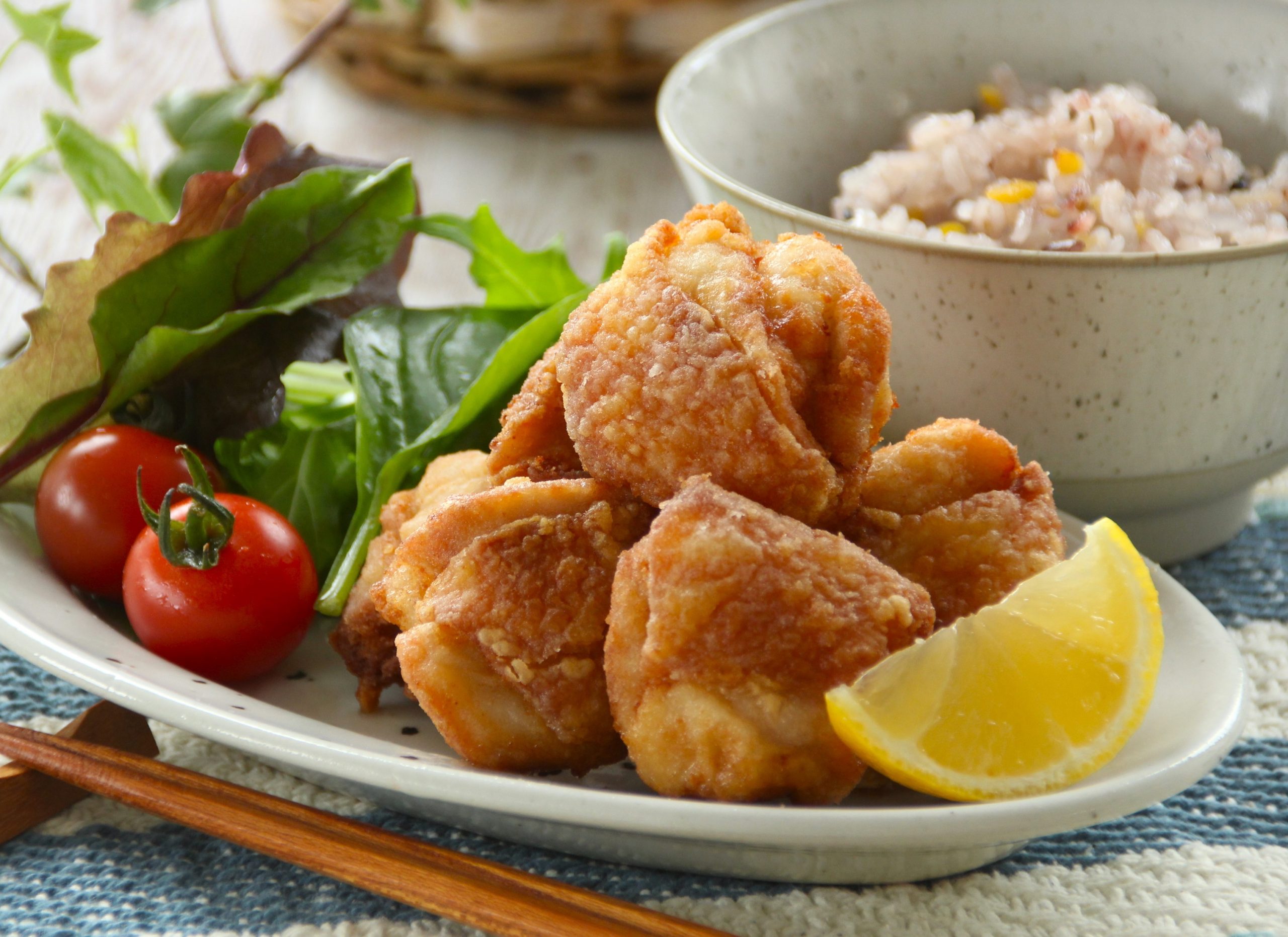 Japanese-style karaage fried chicken marinated with Somi Tsuyu